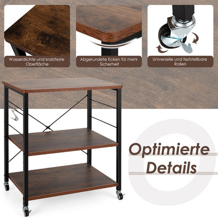 3-Tier Rolling Cart with Adjustable Shelf & 10 Hooks