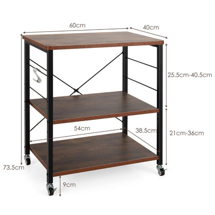 3-Tier Rolling Cart with Adjustable Shelf & 10 Hooks