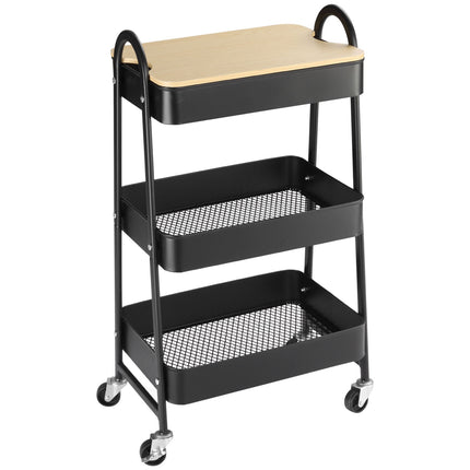 3-Tier Rolling Cart with Drawers, Steel & Plastic, Black