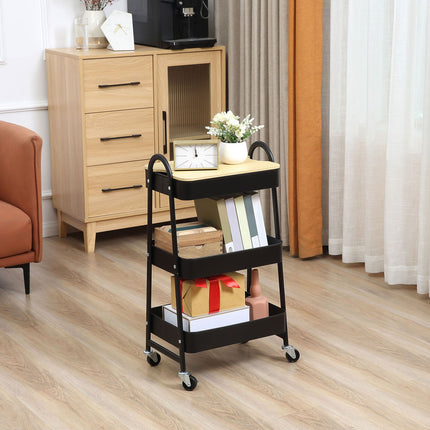 3-Tier Rolling Cart with Drawers, Steel & Plastic, Black