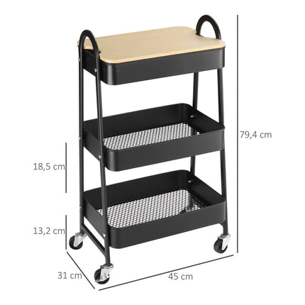 3-Tier Rolling Cart with Drawers, Steel & Plastic, Black
