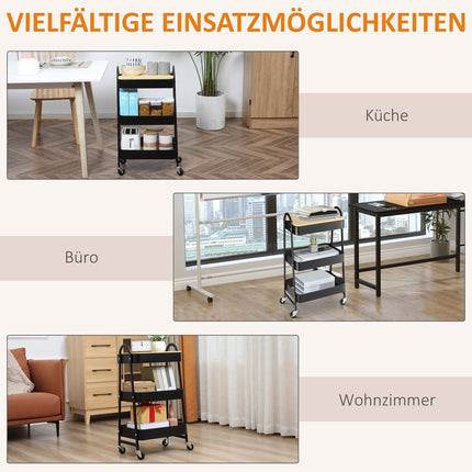 3-Tier Rolling Cart with Drawers, Steel & Plastic, Black