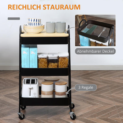 3-Tier Rolling Cart with Drawers, Steel & Plastic, Black