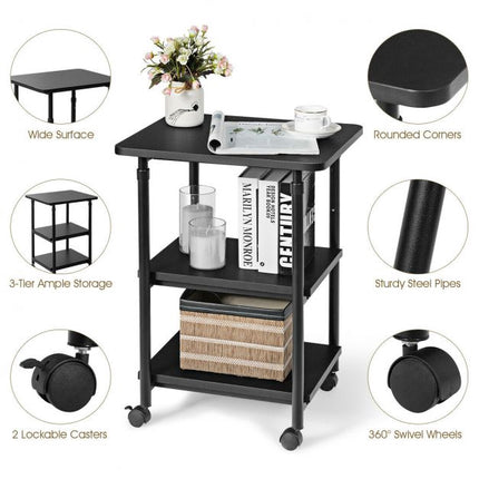 3-Tier Rolling Printer Stand, Adjustable Height, Locking Casters