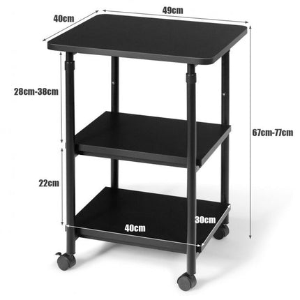 3-Tier Rolling Printer Stand, Adjustable Height, Locking Casters