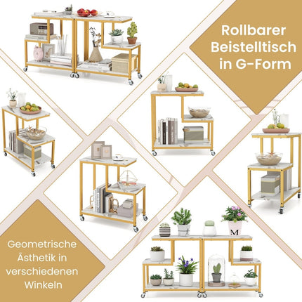 3-Tier Rolling Side Table – Marble Look, G-Shaped Design