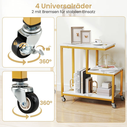 3-Tier Rolling Side Table – Marble Look, G-Shaped Design