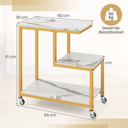3-Tier Rolling Side Table – Marble Look, G-Shaped Design