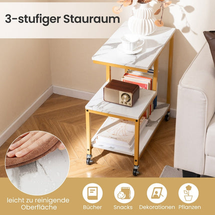 3-Tier Rolling Side Table – Marble Look, G-Shaped Design
