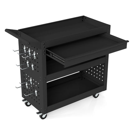 3-Tier Rolling Tool Cart with Drawer, Pegboards & Hooks