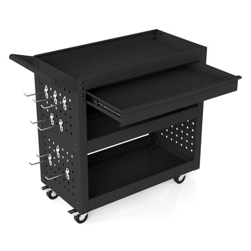 3-Tier Rolling Tool Cart with Drawer, Pegboards & Hooks