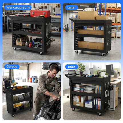 3-Tier Rolling Tool Cart with Drawer, Pegboards & Hooks