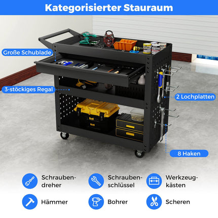 3-Tier Rolling Tool Cart with Drawer, Pegboards & Hooks