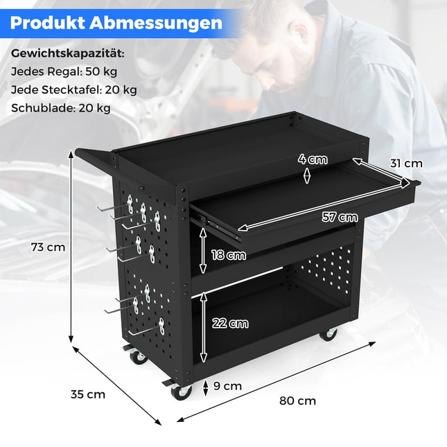 3-Tier Rolling Tool Cart with Drawer, Pegboards & Hooks