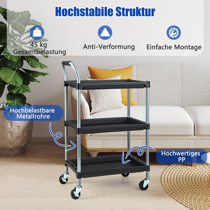 3-Tier Rolling Tool Cart with Wheels, Black, 64x40x102 cm