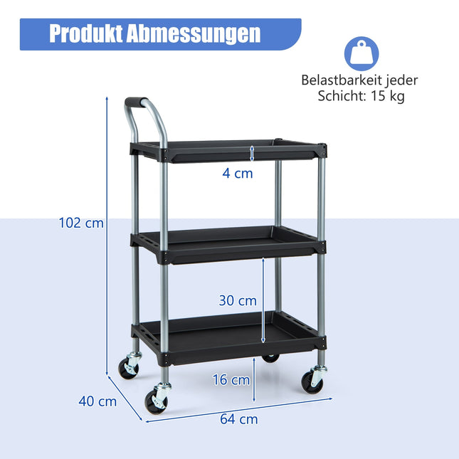 3-Tier Rolling Tool Cart with Wheels, Black, 64x40x102 cm