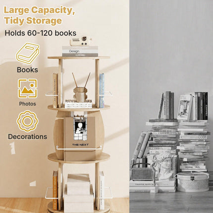 3-Tier Rotating Bookshelf Tower with Display Stands, Light Oak, 360° Swivel
