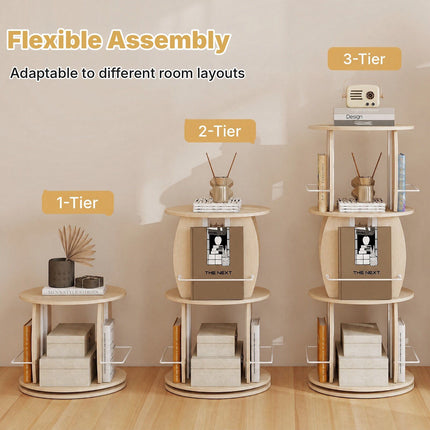 3-Tier Rotating Bookshelf Tower with Display Stands, Light Oak, 360° Swivel