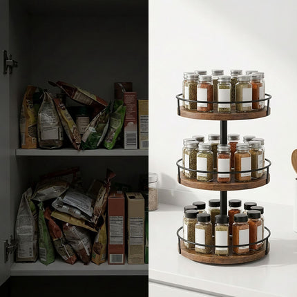 3-Tier Rotating Spice Rack, Brown – MDF & Iron