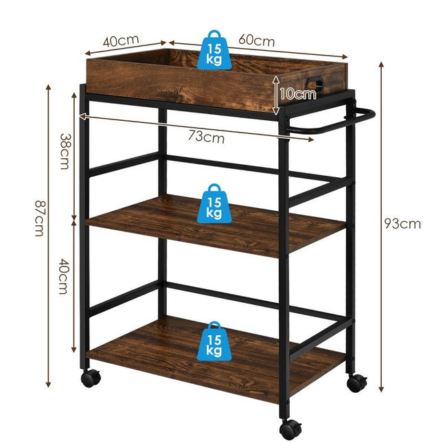3 Tier Serving Trolley Kitchen Trolley with Handle & Removable Tray & Metal Frame Brown