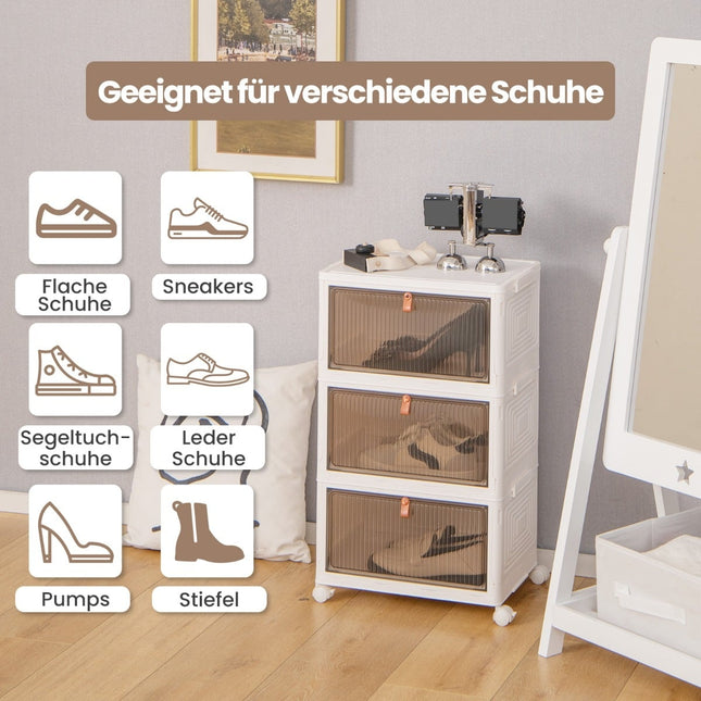 Schoenenopbergdoos met 3 lagen, magnetische deuren en wielen.
