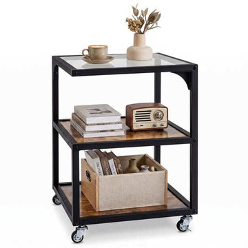 3-Tier Side Table with Glass Top and Steel Frame