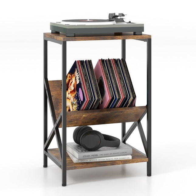3-Tier Side Table with V-Shaped Magazine Holder, Brown