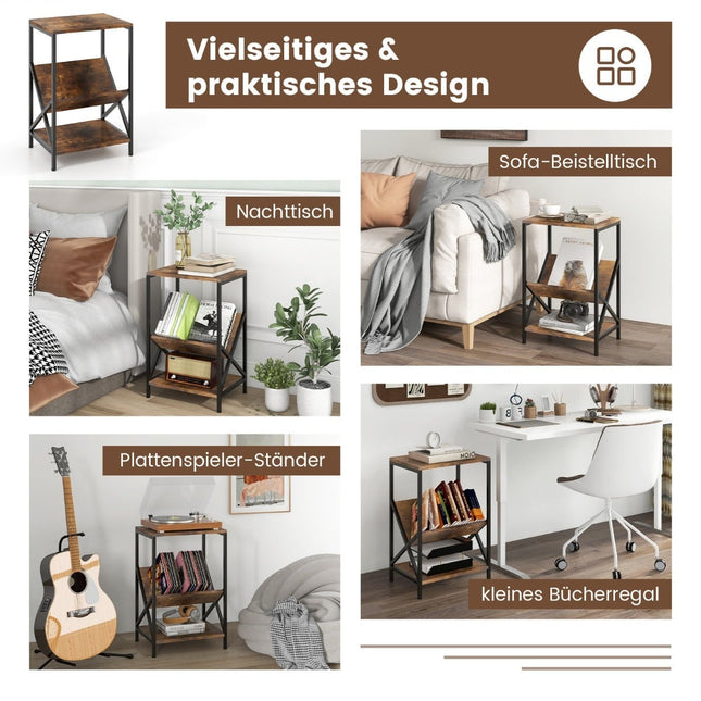 3-Tier Side Table with V-Shaped Magazine Holder, Brown
