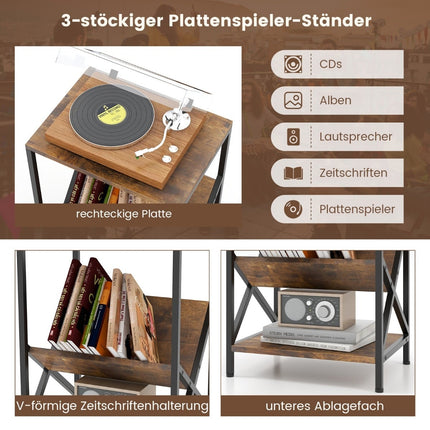 3-Tier Side Table with V-Shaped Magazine Holder, Brown