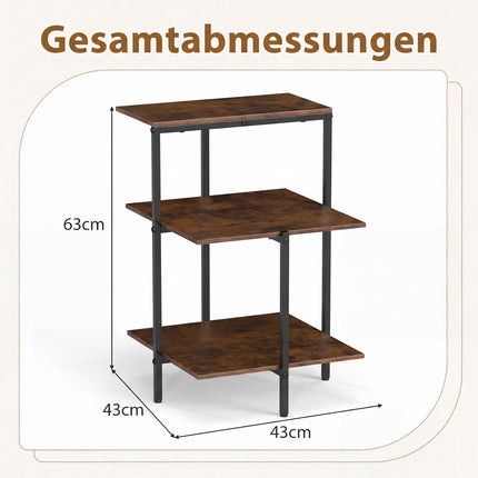 3-Tier Square End Table with Open Shelves, Rustic Brown
