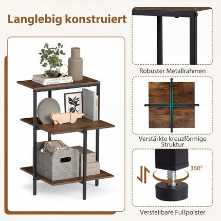 3-Tier Square End Table with Open Shelves, Rustic Brown