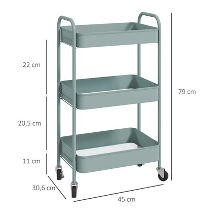 3-Tier Steel Storage Cart with Wheels, Light Blue