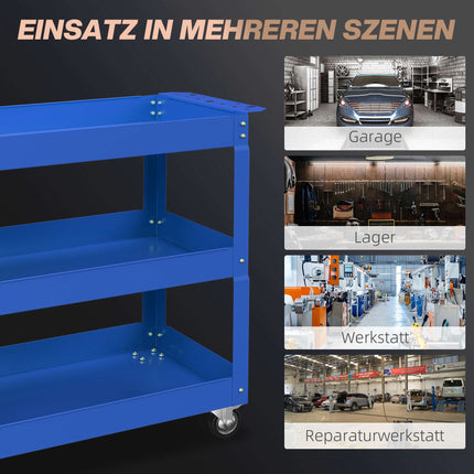 3-Tier Steel Tool Cart, 4 Wheels, 83x35.3x76 cm, Blue