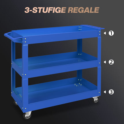 3-Tier Steel Tool Cart, 4 Wheels, 83x35.3x76 cm, Blue