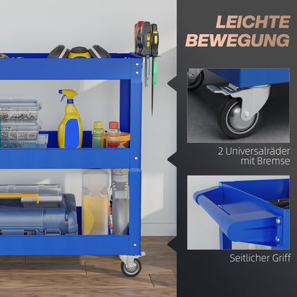 3-Tier Steel Tool Cart, 4 Wheels, 83x35.3x76 cm, Blue