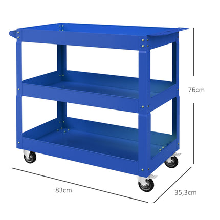 3-Tier Steel Tool Cart, 4 Wheels, 83x35.3x76 cm, Blue