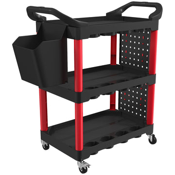 3-Tier Tool Cart with Pegboards, Hooks, Black/Red