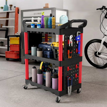 3-Tier Tool Cart with Pegboards, Hooks, Black/Red