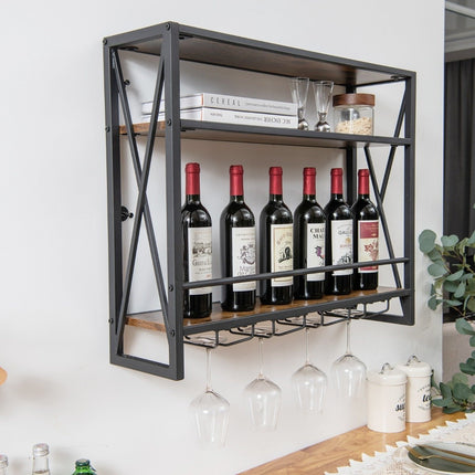3 Tier Wall Mounted Metal Wine Rack with Glass Holder Industrial Design Rustic Brown