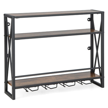 3 Tier Wall Mounted Metal Wine Rack with Glass Holder Industrial Design Rustic Brown