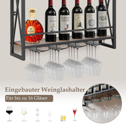 3 Tier Wall Mounted Metal Wine Rack with Glass Holder Industrial Design Rustic Brown