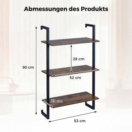 3-Tier Wall Shelf with Metal Frame – Rustic Brown