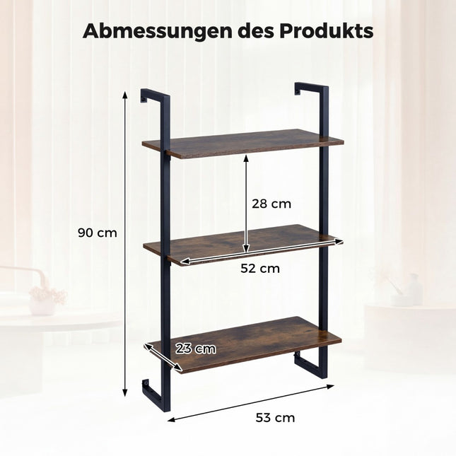 3-Tier Wall Shelf with Metal Frame – Rustic Brown