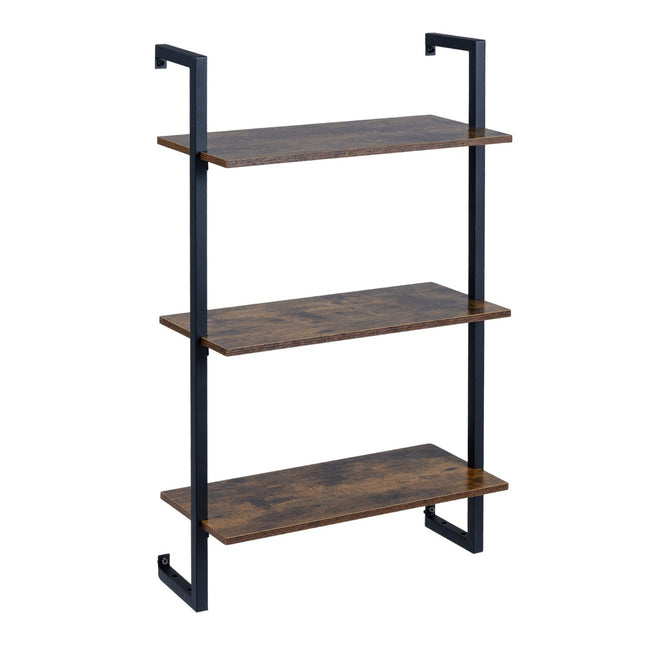 3-Tier Wall Shelf with Metal Frame – Rustic Brown