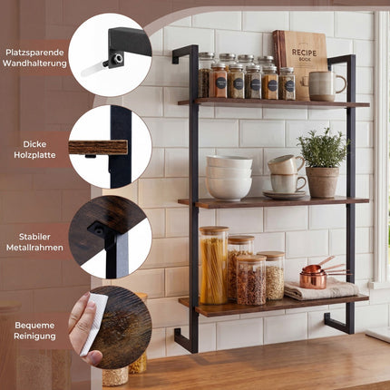3-Tier Wall Shelf with Metal Frame – Rustic Brown