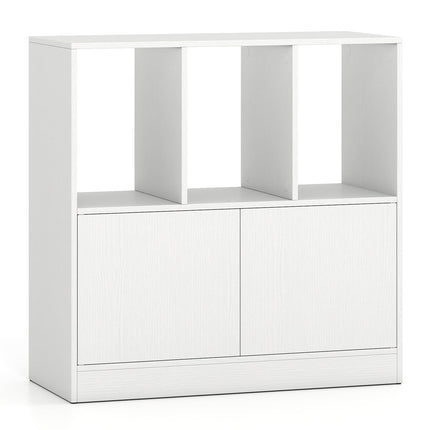 3-Tier White Bookshelf with Doors and Open Cubes