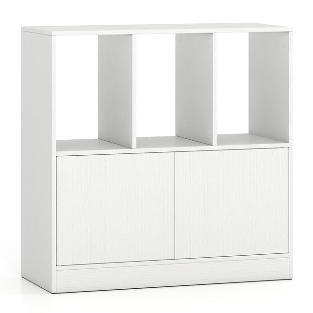 3-Tier White Bookshelf with Doors and Open Cubes