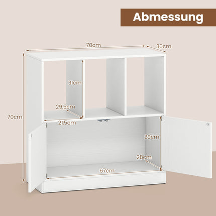 3-Tier White Bookshelf with Doors and Open Cubes