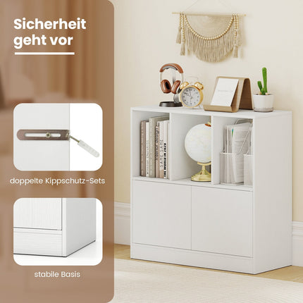 3-Tier White Bookshelf with Doors and Open Cubes