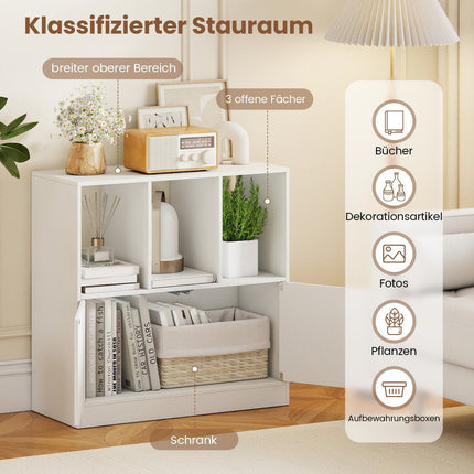 3-Tier White Bookshelf with Doors and Open Cubes